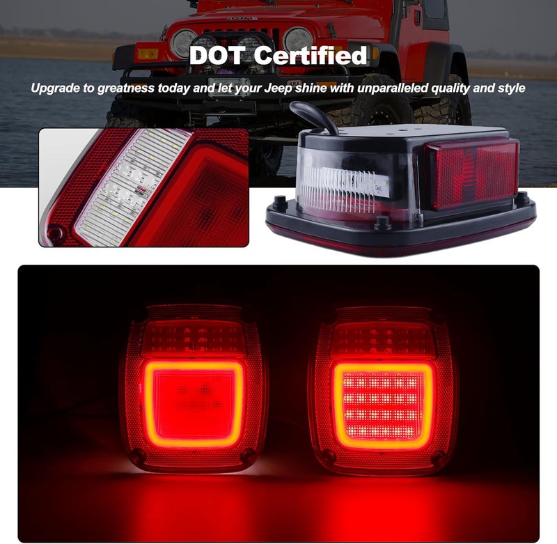 XtraGlow Halo Tail Lights Assembly Square Rear Combination Tail Lamps with Passenger and Driver Side Marker Stop Turn Signal Brake Lights Replacement for 1979-2006 Wrangler TJ YJ CJ5 CJ7 Red, 2Pcs - Image 2